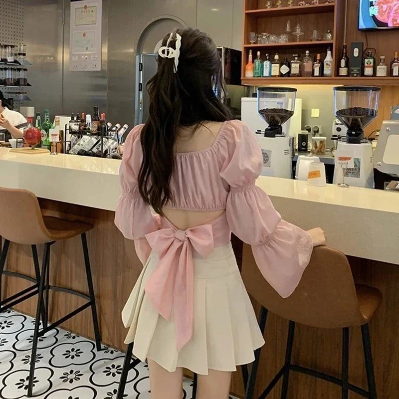 Back Puff Sleeve Shirts Women Autumn French Bow Bandage Blouses 2022 New Black Pink Square Neck Cropped Tops Female