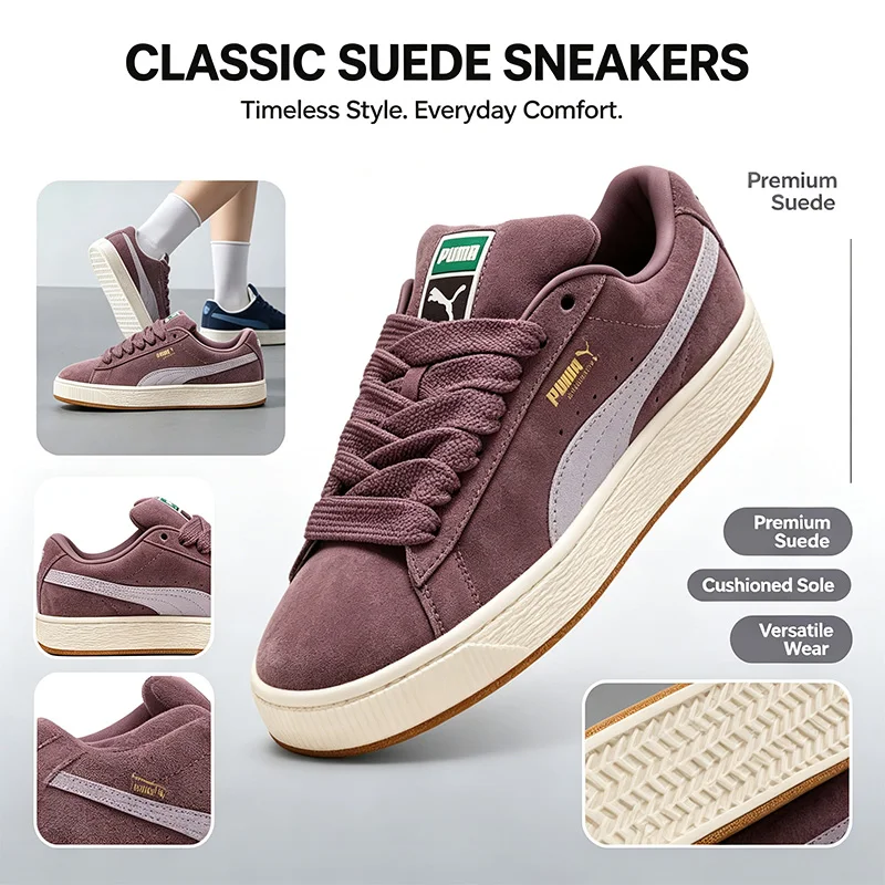 PUMA Unisex Suede Low Top Skate Sneakers 395205-17 395205-72 Color Block Formstrip Gold Logo Shoes
