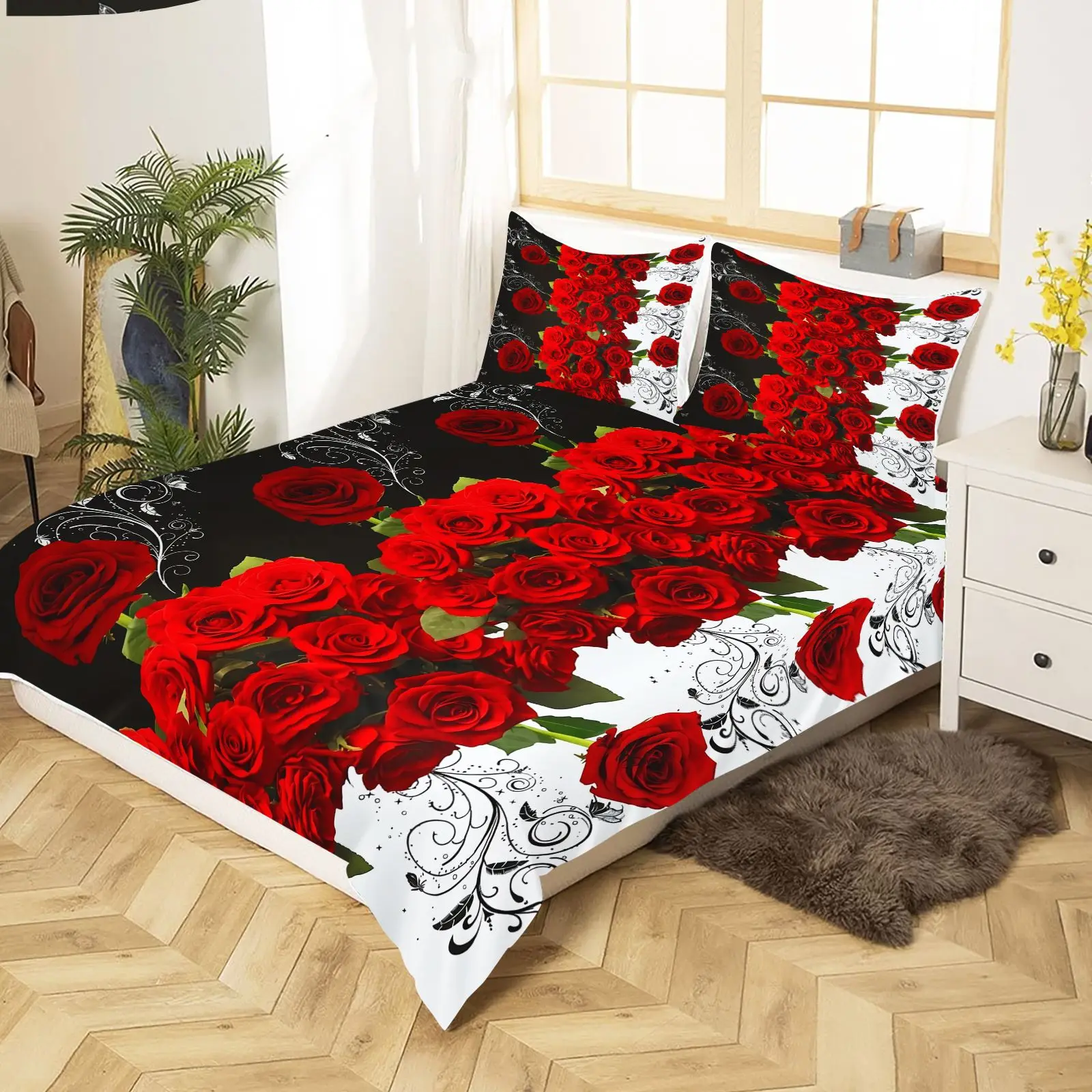 Duvet Cover Set Red Rose Floral Black Background Pattern Bedding Set Romantic Valentine Quilt Cover for Bedroom