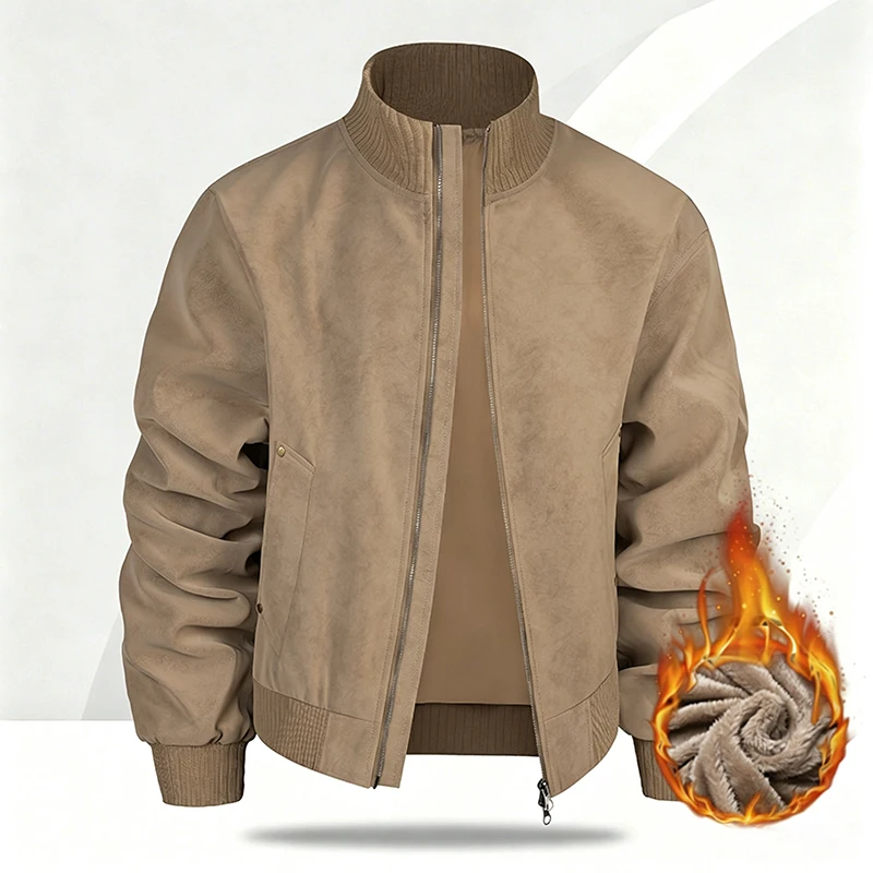 Men's New American Style Suede Bomber Jacket Texture Faux Leather Jacket Casual Fleece Lined Autumn Winter Coat Outerwear