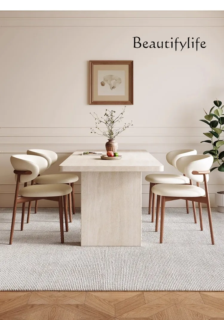 

Mid-Century Travertine Dining Set: Wabi-Sabi Rectangular Table & Chairs, Customizable French Luxury for Small Spaces​​