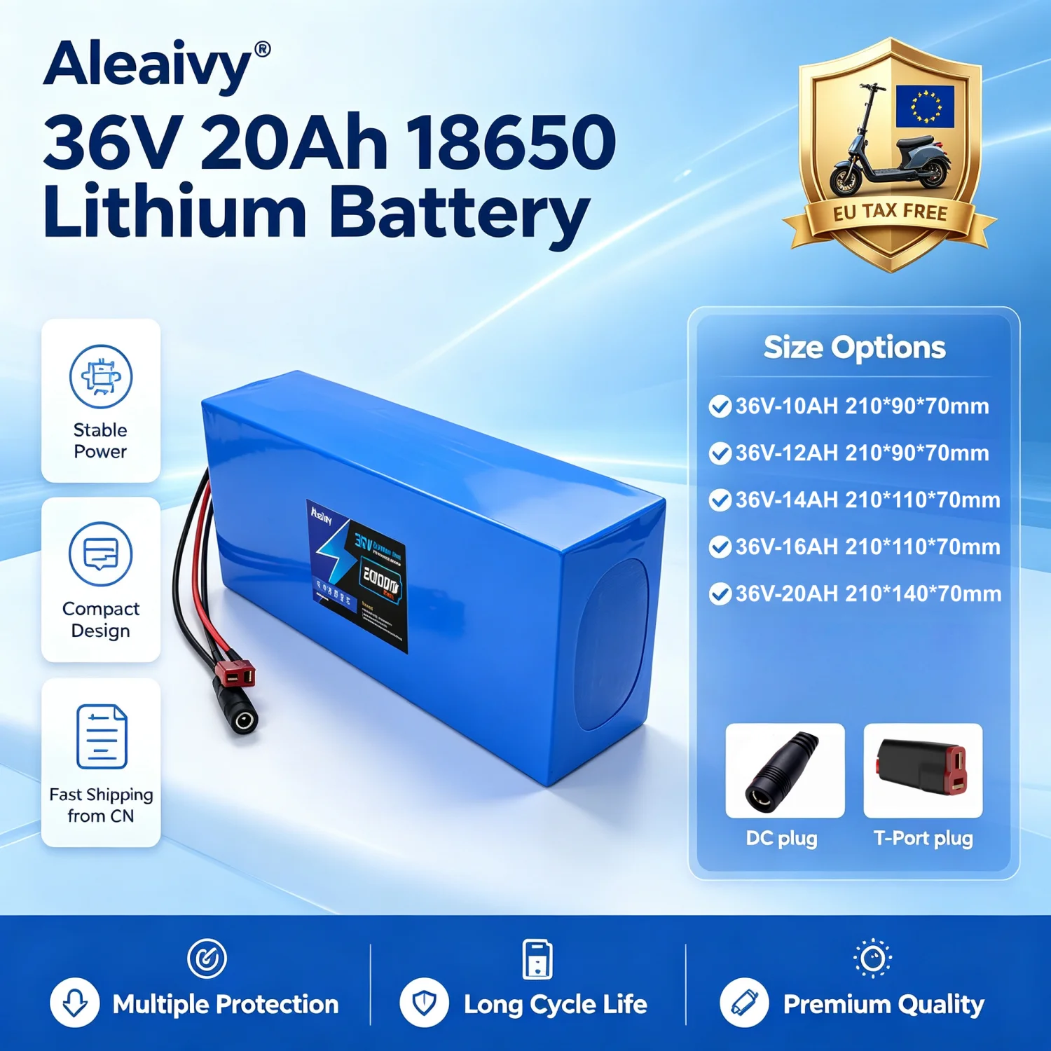 Aleaivy High Capacity 18650 36V 20Ah 10AH 16AH 12AH 10S6P 10S4P Lithium Battery Pack Large Capacity Suitable for 42V 250-1500W