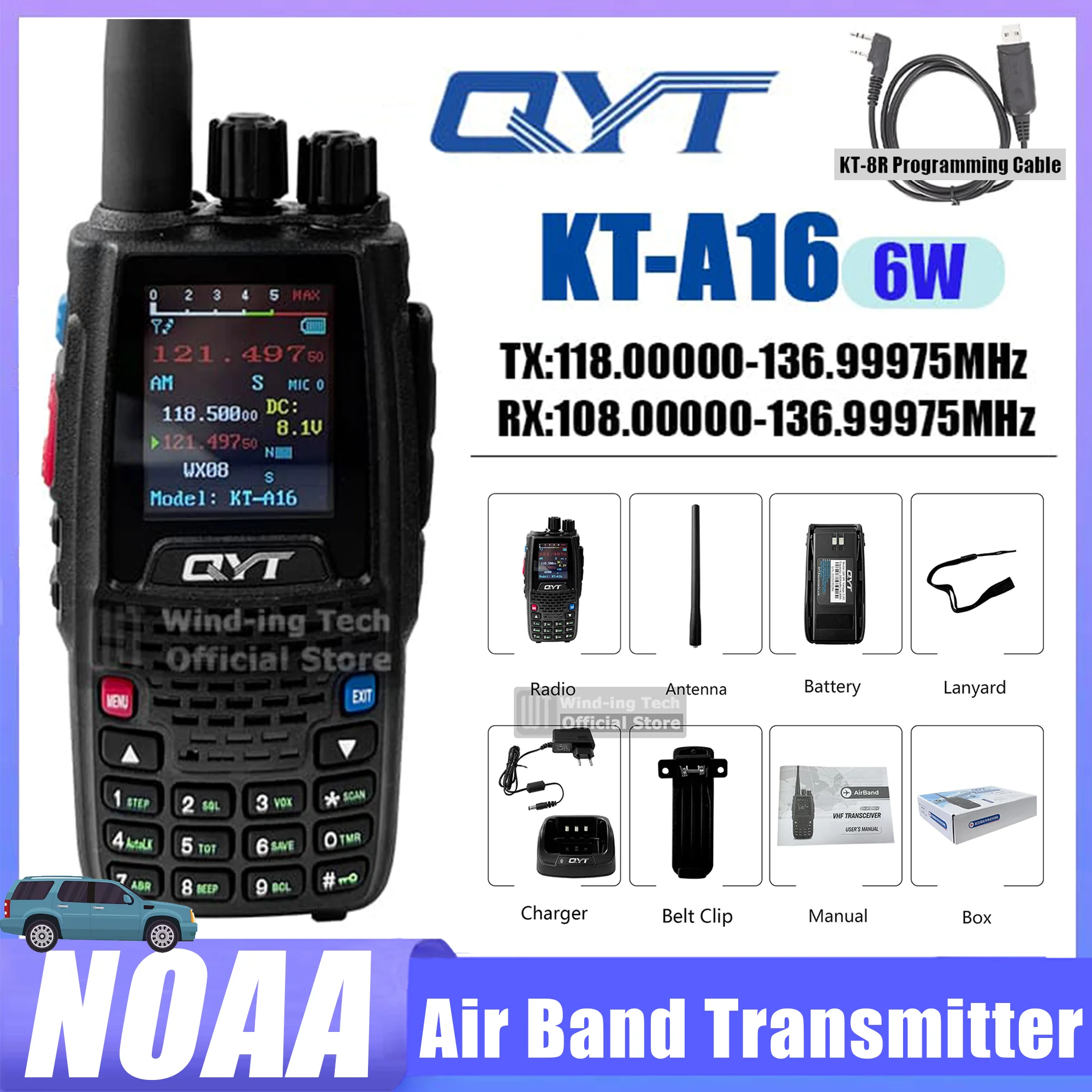 QYT KT-A16 Walkie Talkie 6W Air Band Transmitter VHF Transceiver 2000mAh NOAA AM Superheterodyne Circuit Aviation Portable Radio