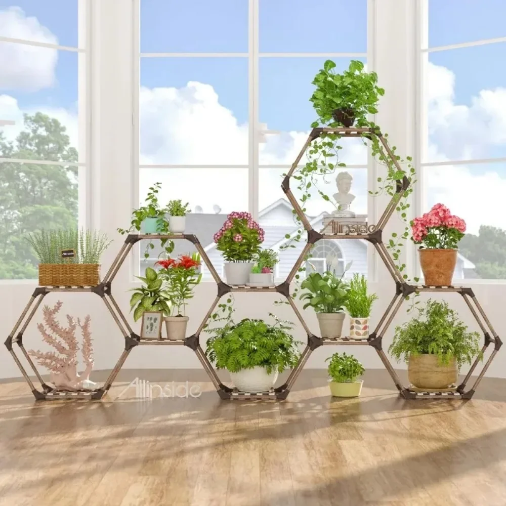 Soporte Hexagonal para plantas de interior, estante de madera para plantas al aire libre, escalera, soporte de maceta Transformable para esquina