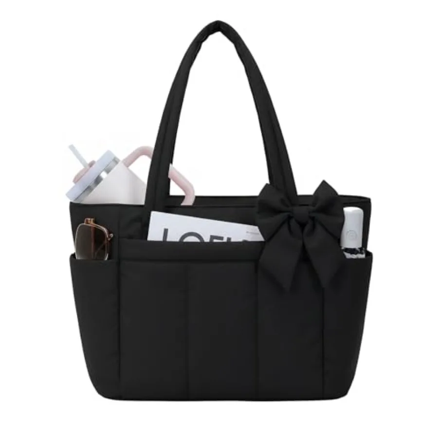 

Crush Bow Tote Bag for Women, Lightweight Work Handbag Teacher Nurse Puffer Tote Shoulder Bag for Travel Gym Fits 40oz Tumbler,
