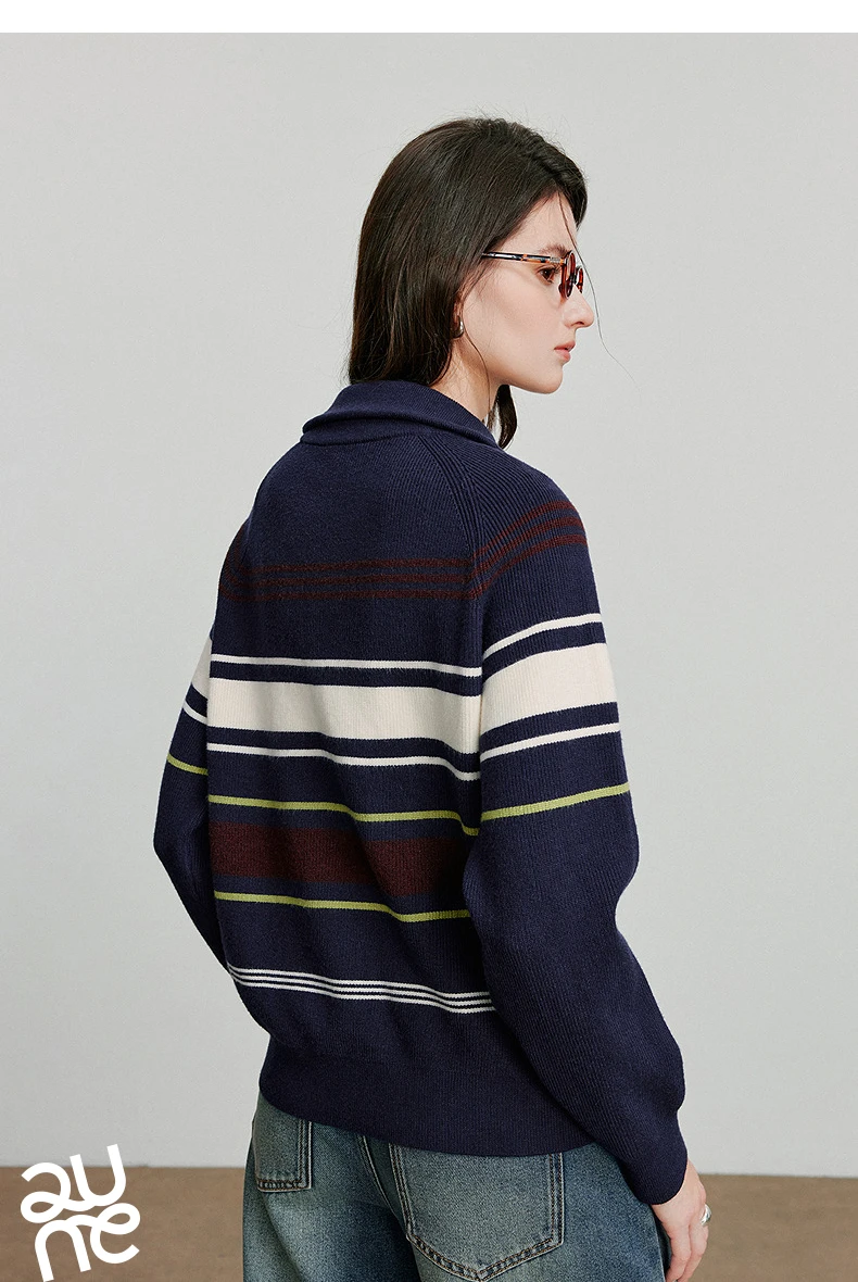 TOYOUTH Women Knitted Sweater 2026 Autumn New Fashionable Style Striped Zipper High Collar Woolen Pullover Sweater Tops