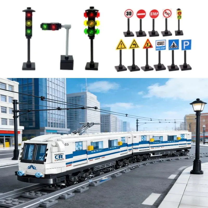 Urban Traffic Series Building Block Toys Railway Tracks Trains Trams Traffic Lights Road Signage Models Road Signs Boy's Gift
