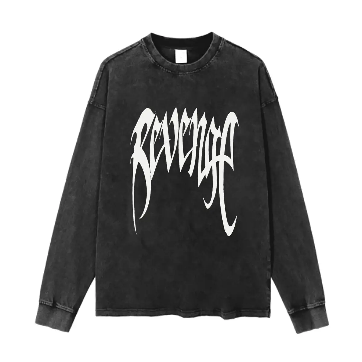 

White Metal Revenge Logo Art Washed Vintage Long Sleeves Cotton Tee Shirt Solid O Collared For Men's And Women's