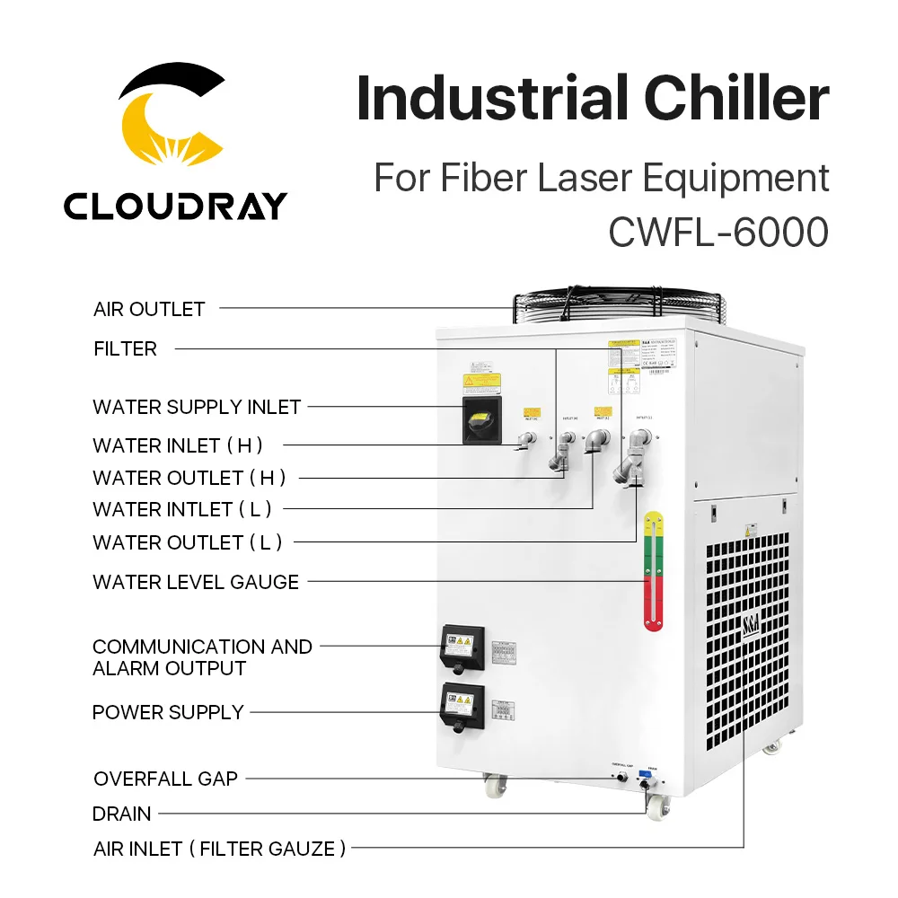 Cloudray الأصلي S & A مبرد صناعي CWFL-6000 380 فولت 50/60 هرتز 50L/دقيقة تصنيف تدفق لنظام تبريد المياه آلة الصناعية