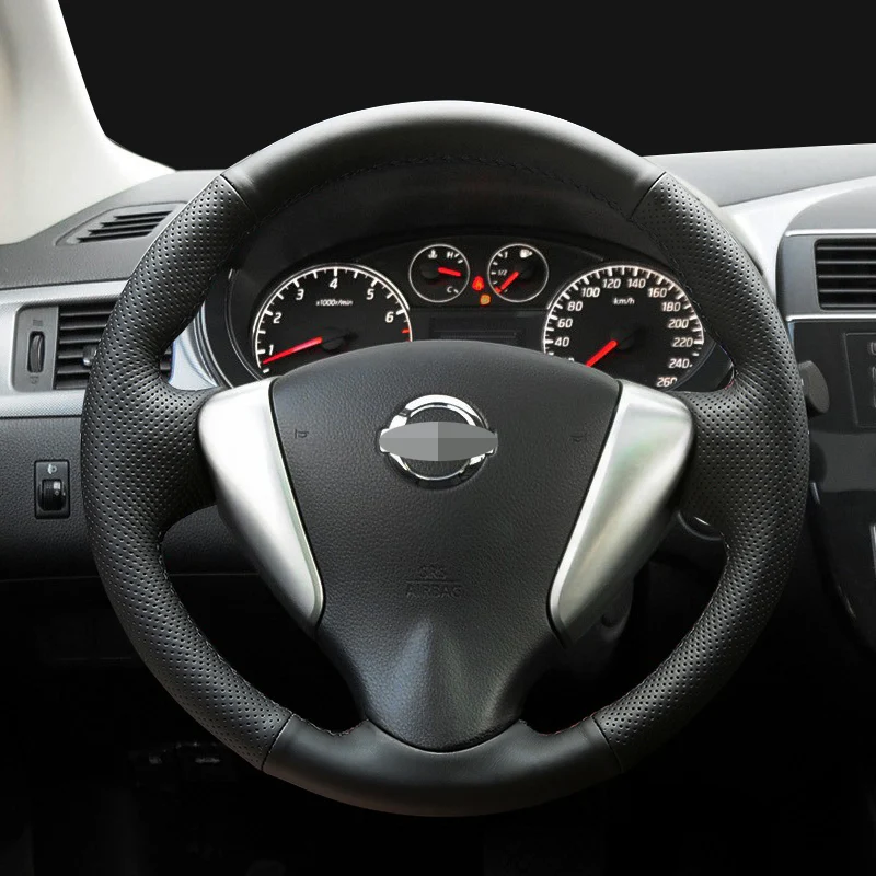For Nissan Note Serena Bluebird Sylphy RU Versa Note NV200 Hand-stitched Black Genuine Leather Car Steering Wheel Cover