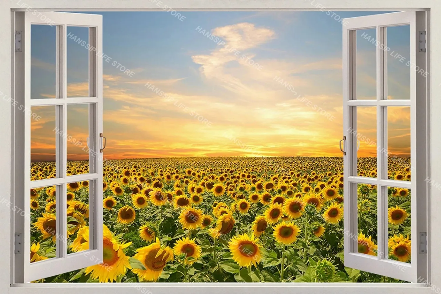 Sunflower Seaside 3D Window View Backdrop Wall Art Summer Beach Landscape Kitchen Decor Banner Poster Background No Stickiness