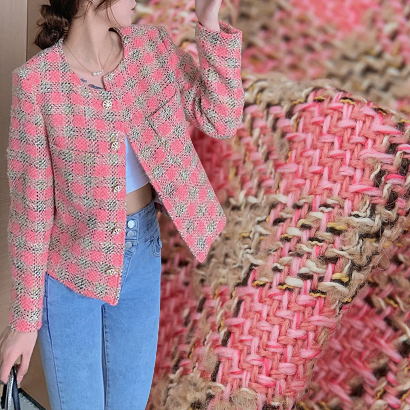 

2022 Pink Coffee Big Plaid Wool Tweed Fabric By The Yard For Coat Telas Por Metro Tissus Au Mètre Ткань Sewing 트위드 Tecido ツイード