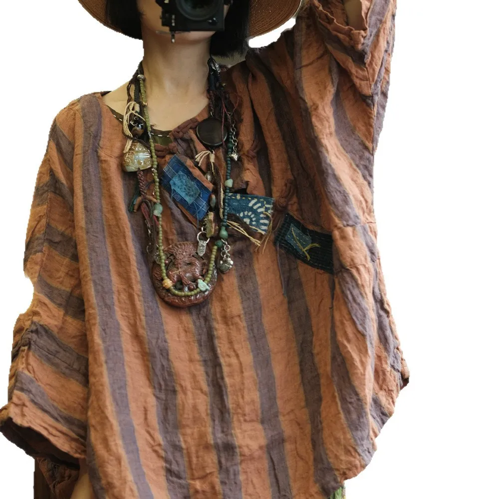 

Винтажная блузка больших размеров с длинными рукавами, в полоску, с принтом, круглым вырезом, оригинальный дизайн, хлопок и лен, весна 2026