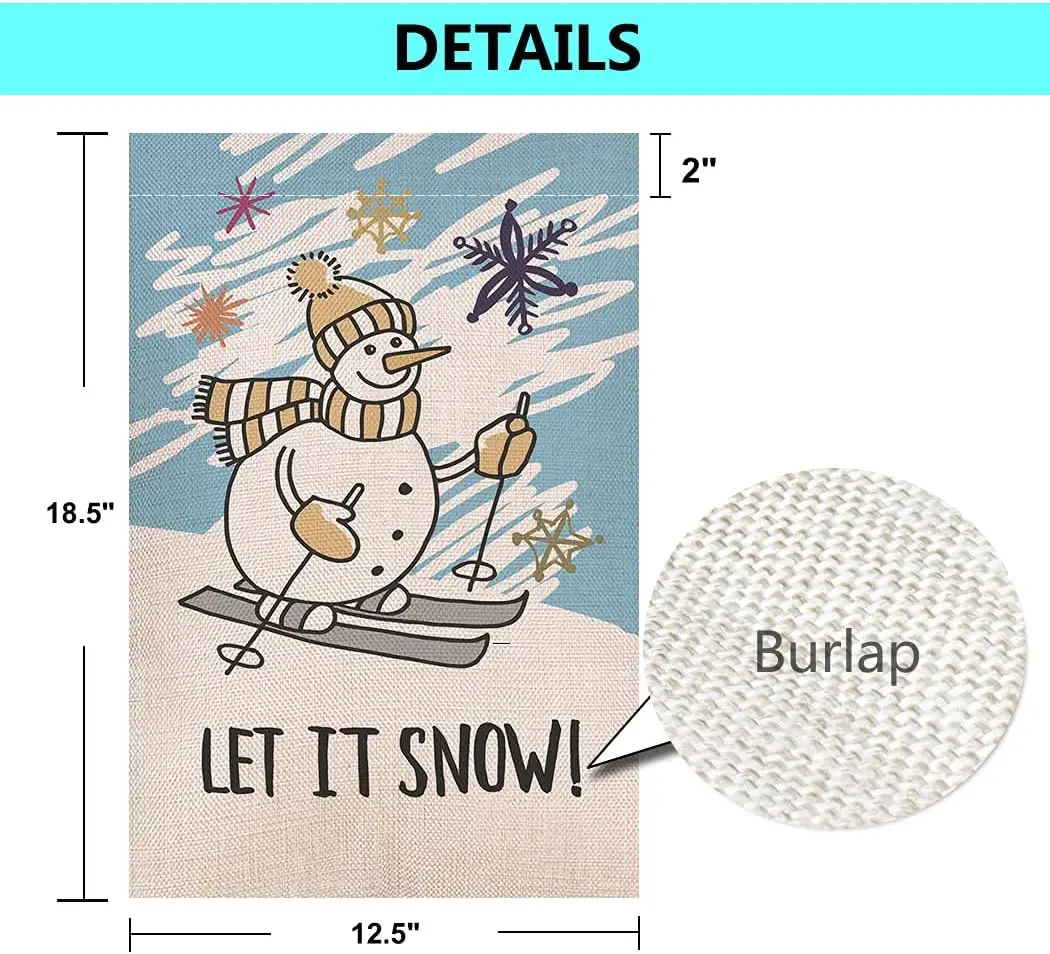 Premium Welcome Winter Let It Snow Burlap Double Sided Garden Flag, Shows Cute Snowmen Skiing, Seasonal Holiday Outdoor Christma