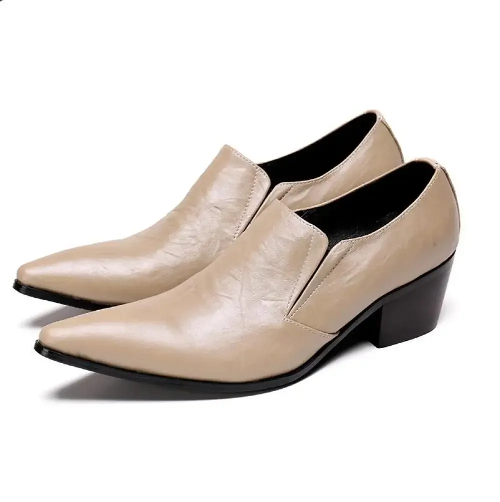 

Fashion Men Genuine Leather Dress Shoes Formal Wedding Party Business High Heels Pointed Toe 2023