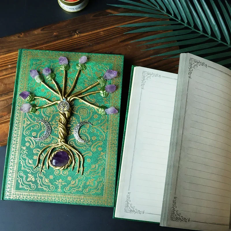 Tree of Life Crystal Grimoire Journal Handmade Purple Crystal Flower Magic Book Notebook Diary Witchcraft Tarot Journaling Gifts