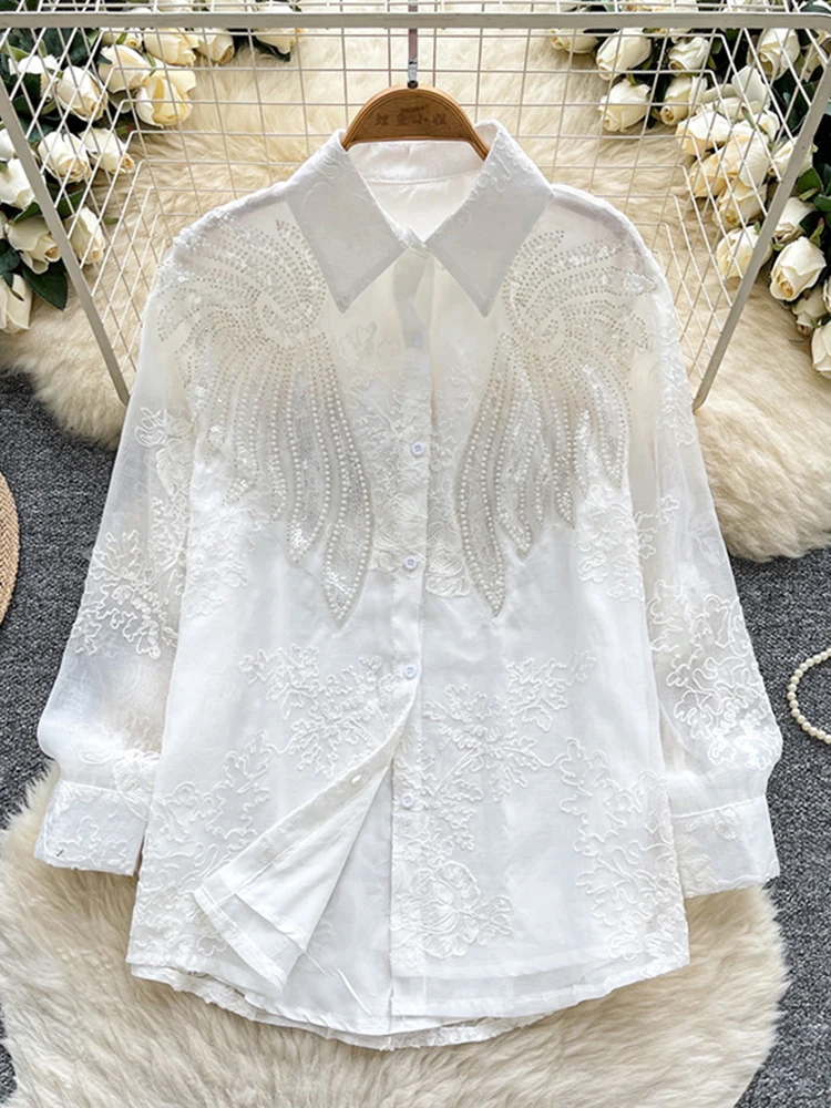 الخريف الشتاء المرأة الفرنسية المطرزة حبة الترتر المطرزة قميص طويل الأكمام جديد فضفاض تنوعا شيك بلوزة W71