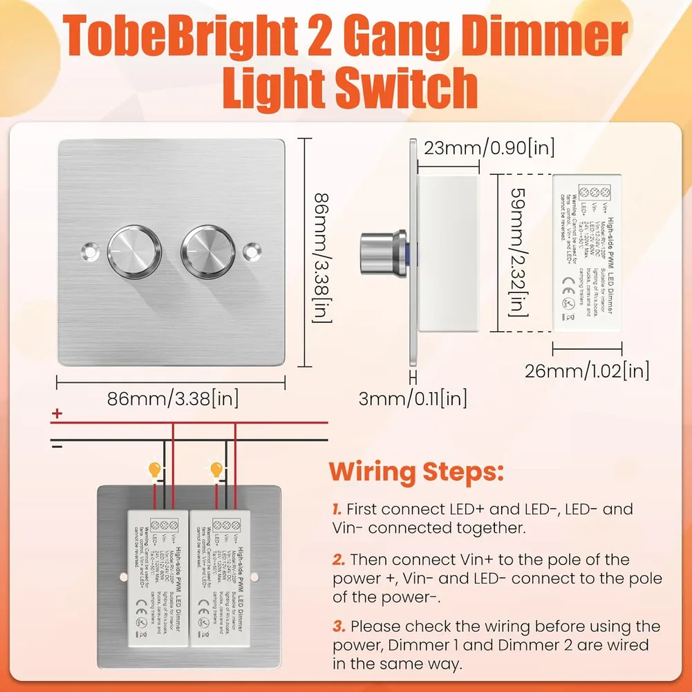 

Double-Gang Rotary LED Dimmer Switch For 12V-24V DC Systems With 3%-100% Range For RV Boat Truck Lighting Control