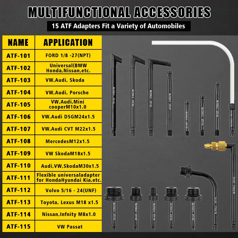 10L Pneumatic Transmission Oil Refilling Tool Oil Refill Filling ATF Adapters Dispenser Pump Kit Fluid Extractor Adaptor 15Pcs