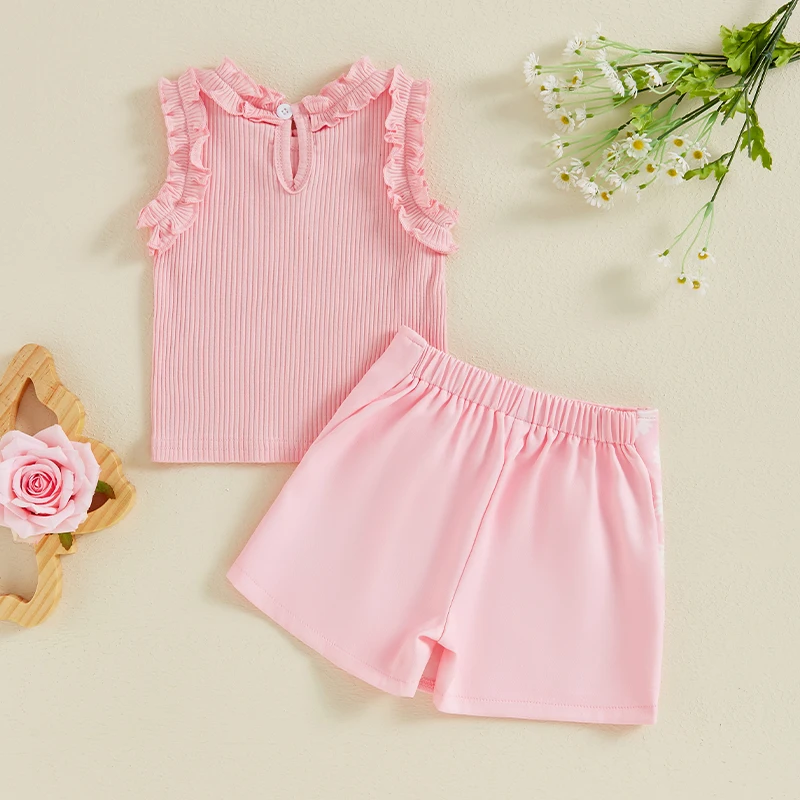 Little Girl Summer Outfit Solid Color Ribbed Frill Ruffled Round Neck Tank Tops with Daisy Pattern Shorts