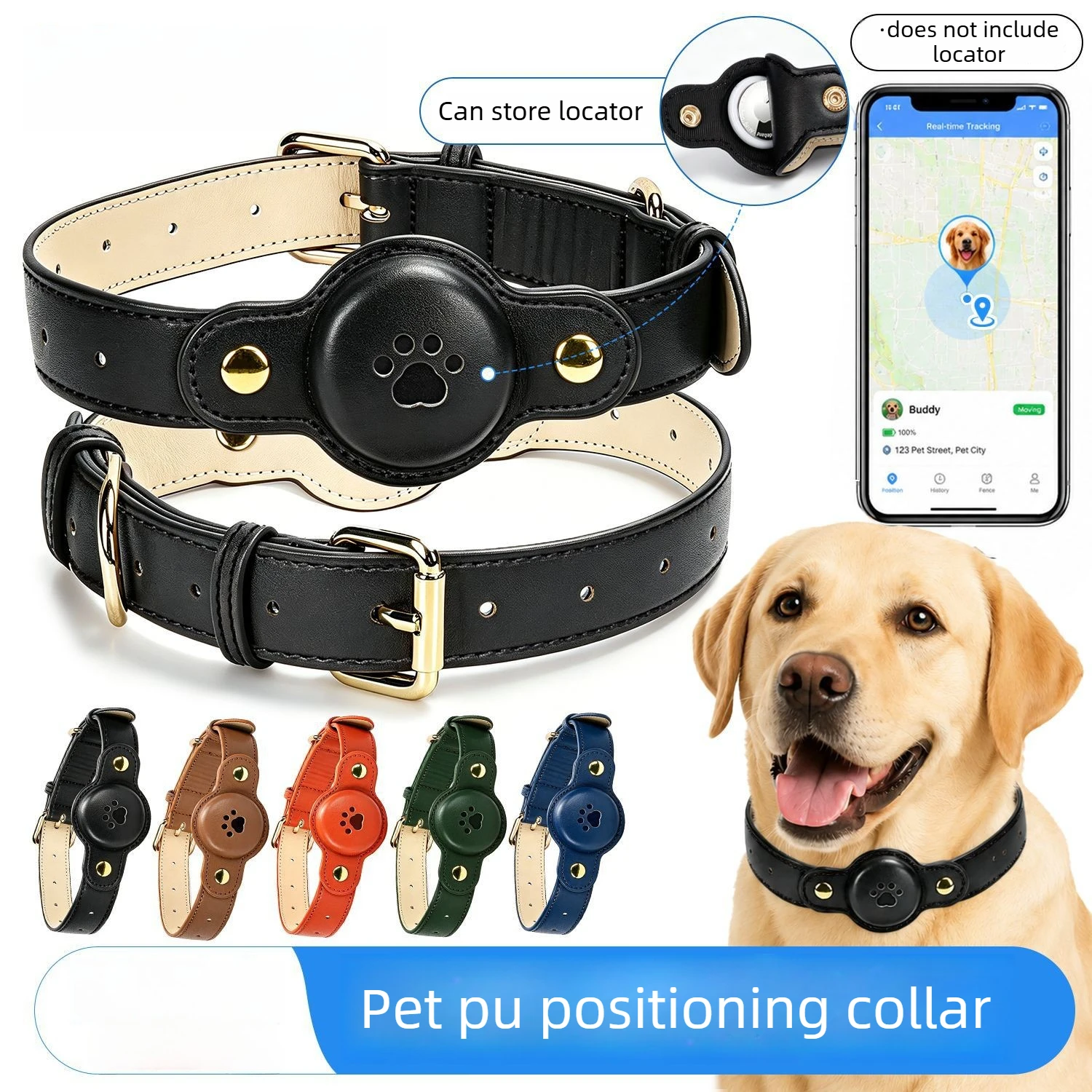 Adjustable PU Leather Dog Collar Excluding Tracker Anti-lost Pet Tracking Collar Protective Sleeve For Small Medium Large Pets