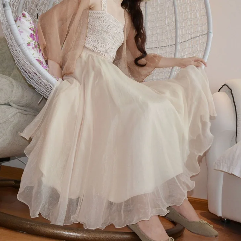 Luxury Women Boho 2 Layer Faux Silk Maxi Skirt Elastic High Waist Beach Long Skirt Summer Chiffon Ruffle Party Wedding Gown Lady