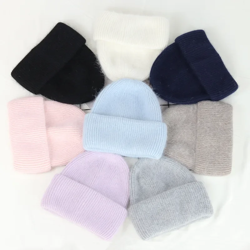 New in Fashion Warm Cashmere Wool Skullies Angola Rabbit Fur Winter Knitted Beanies Women Cap Female Three Fold Ski Outdoor Hats