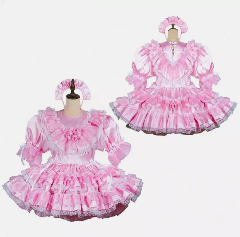 

French maid girl Sisi can lock pink satin dress cosplay costume customization