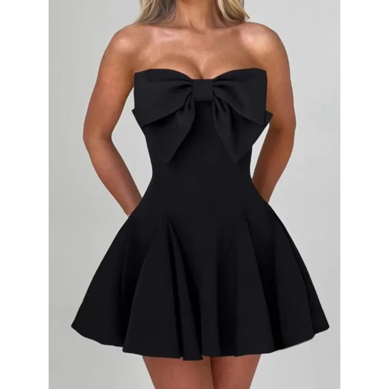 Bow Strapless Backless Sexy Short Dress for Women Robe Fashion Solid Off-shoulder Sleeveless A-line Club Dress Vestido