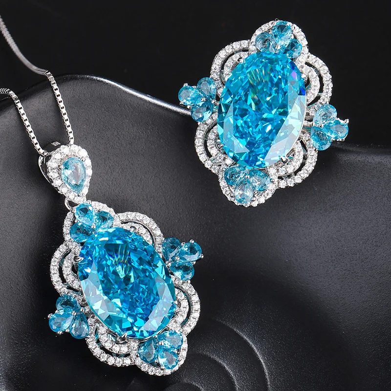 

New S925 Silver High Carbon Diamond Sea Blue Treasure Sparkling Luxury Palace Style Inlay Set 13 * 18