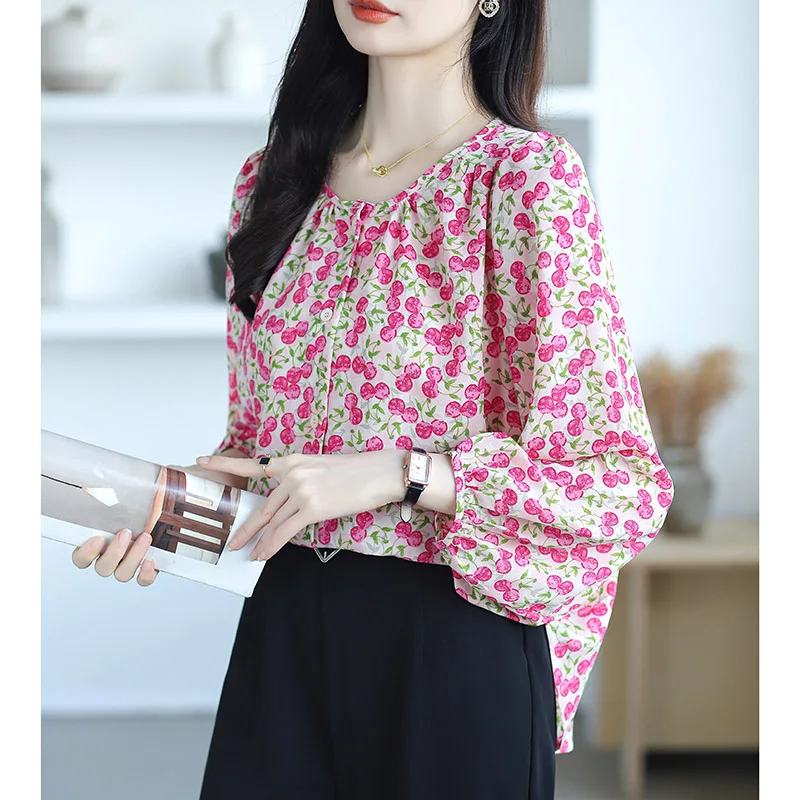 Women Clothing Loose Oversized Medium Long Style Chiffon Shirt Autumn Fashion Elegant O-neck Long Sleeve Blouses Chic Print Tops