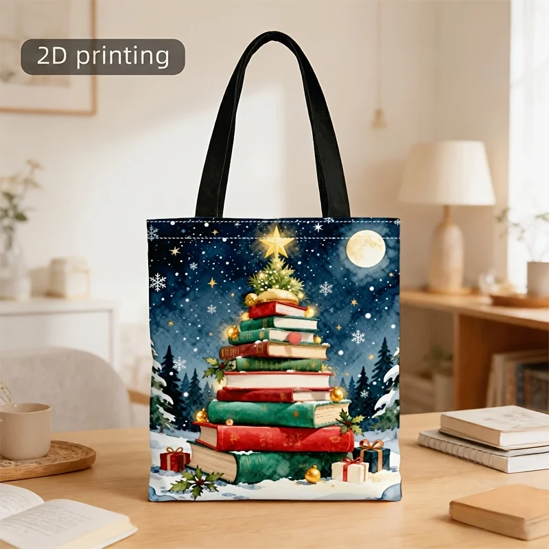 Christmas Book Stack Tree Canvas Tote Bag Night Moon Snow Forest Gift Print Large Capacity Handbag Reusable Bag Holiday Gift