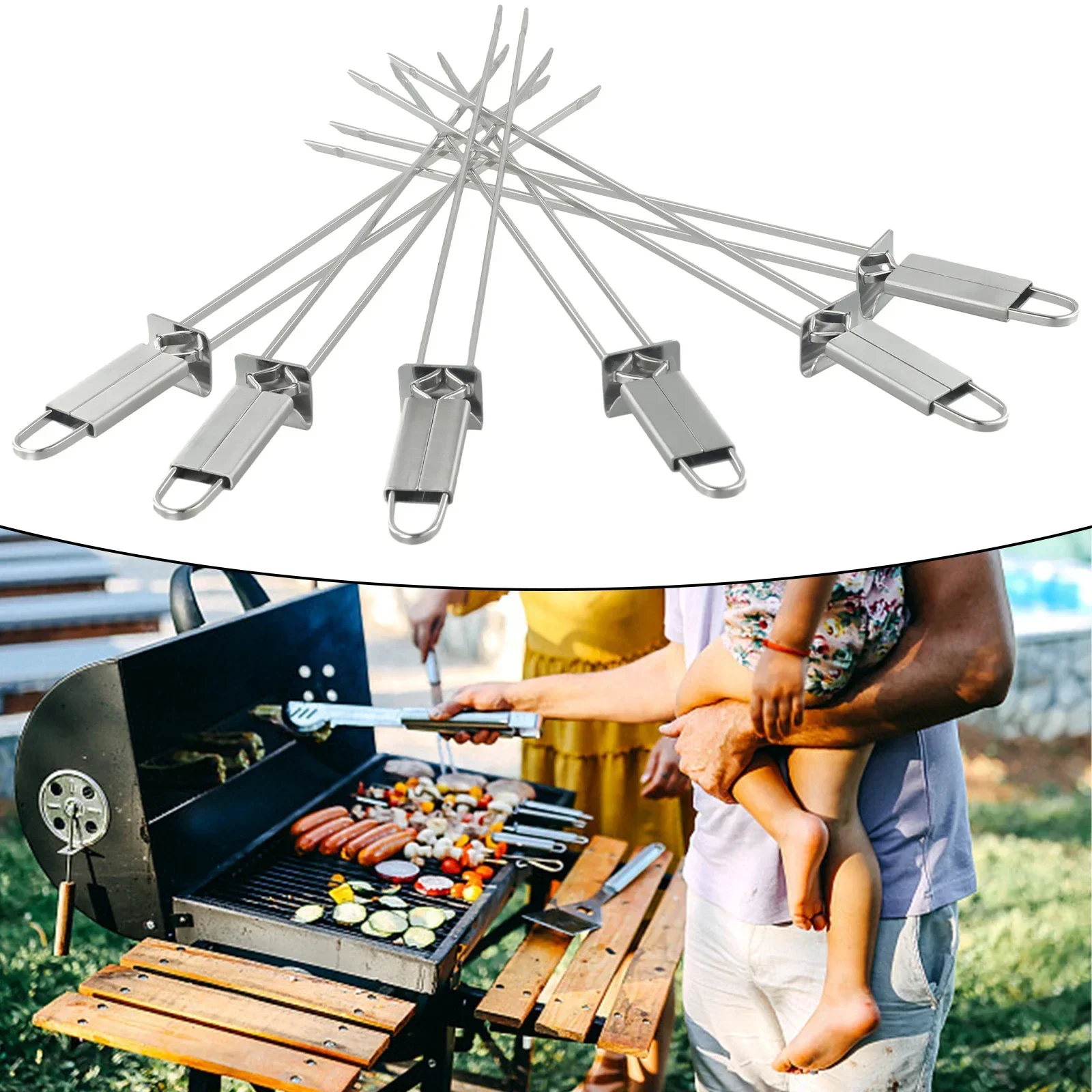 6 Pcs Stainless Steel BBQ Skewers BBQ Skewers Push Bar 32.5cm Long Double Pronged For Grilling Kebabs Satay Yakitori Barbecue