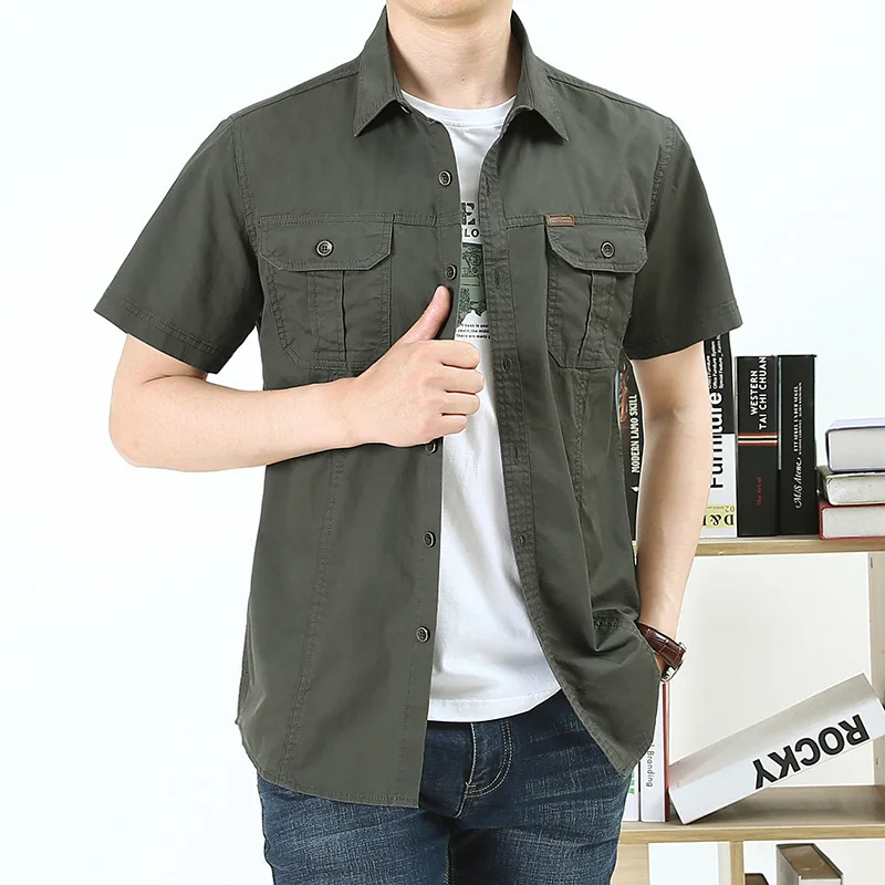 Summer Lightweight Loose Short Sleeve Cargo Shirt Men's Plus Size Olive Casual Top
