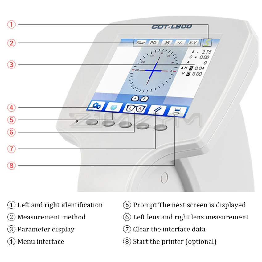 자동 렌즈미터 안경 장비, 디지털 자동 렌즈 계량기, 5.6 인치 터치 스크린, UV PD 인쇄 기능, L800