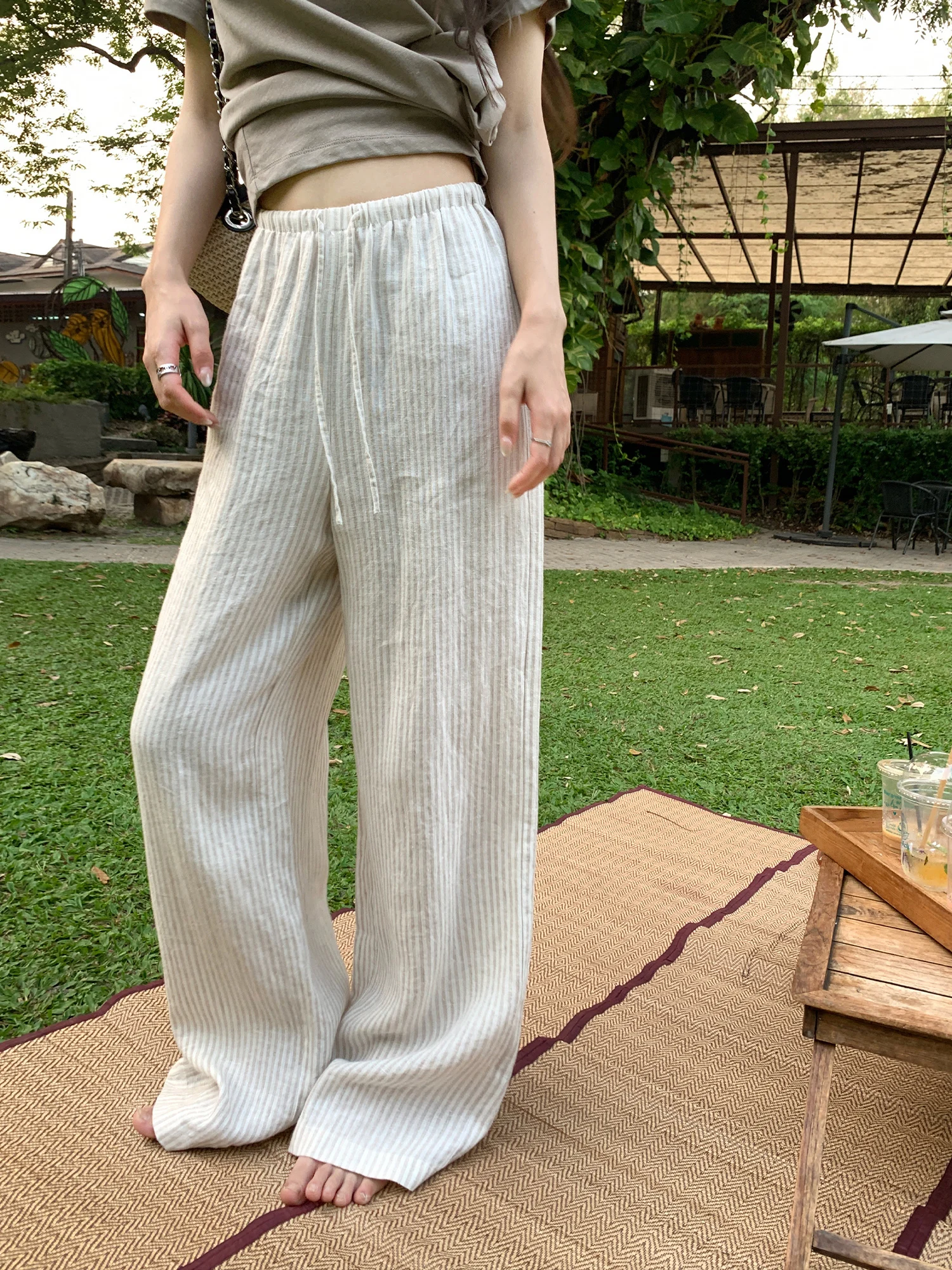 

Pusumede Casual Striped Linen Wide Leg Pants Women Loose Lazy Long Trousers Versatile Comfortable Summer Fashion Ladies