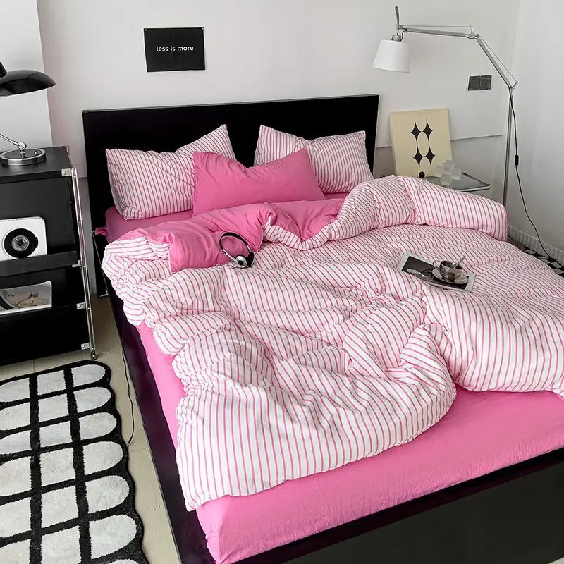 INS Nordic Style Solid Color Bedding Set Twin Full Queen Size Bed Linen Adults Kids Microfiber Pink Bed Flat Sheet Pillowcase