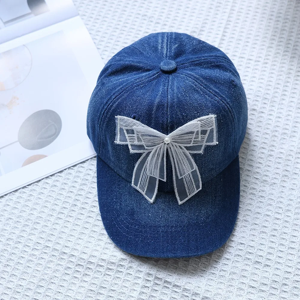 Girl Mesh Bow Denim Baseball Hat Fashion Kids Girls Princess Peaked Hat Outdoor Children Casual Caps Cotton Baby Sunscreen Cap