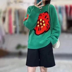Ladies 100% pure cashmere sweater flower loose new design sense international brand crewneck long sleeve extra thick sweater