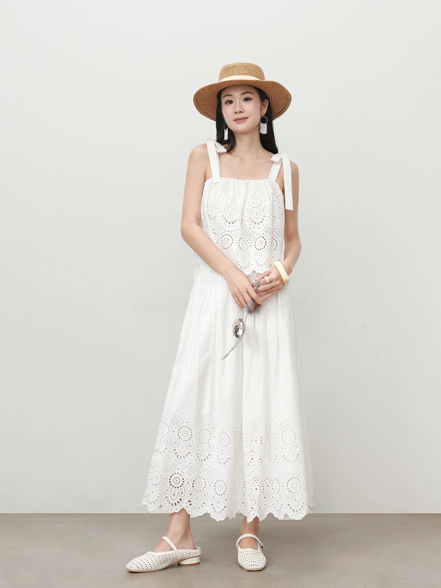 

Ivory Cotton Lace Hollow Embroidery Knot Strap Half Skirt Set Fashionable Two-Piece Women's Clothing Cotton Gown