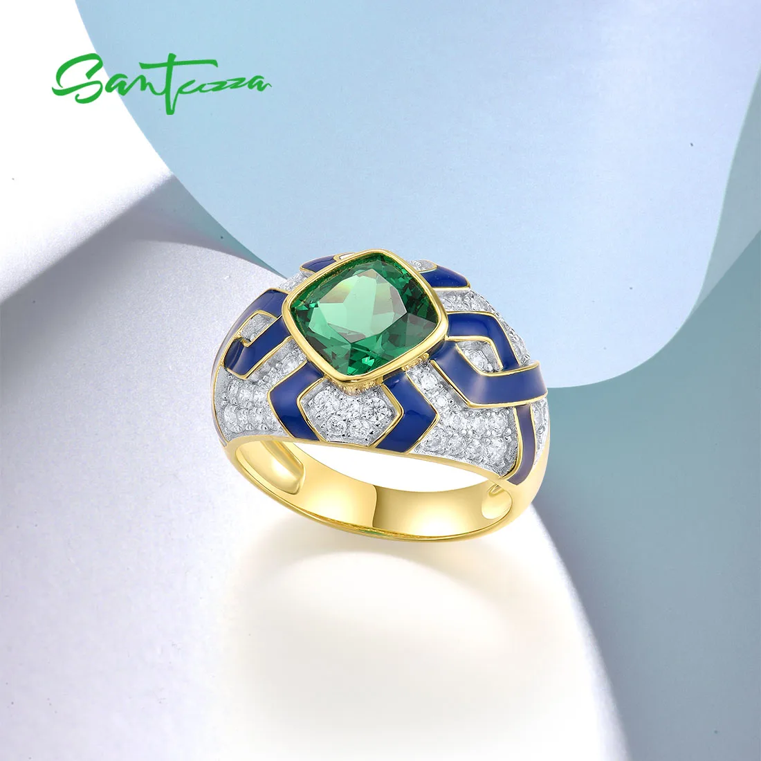 SANTUZZA Genuine 925 Sterling Silver Rings For Women Sparkling Green Spinel Modern Enamel Party Elegant Wedding Fine Jewelry