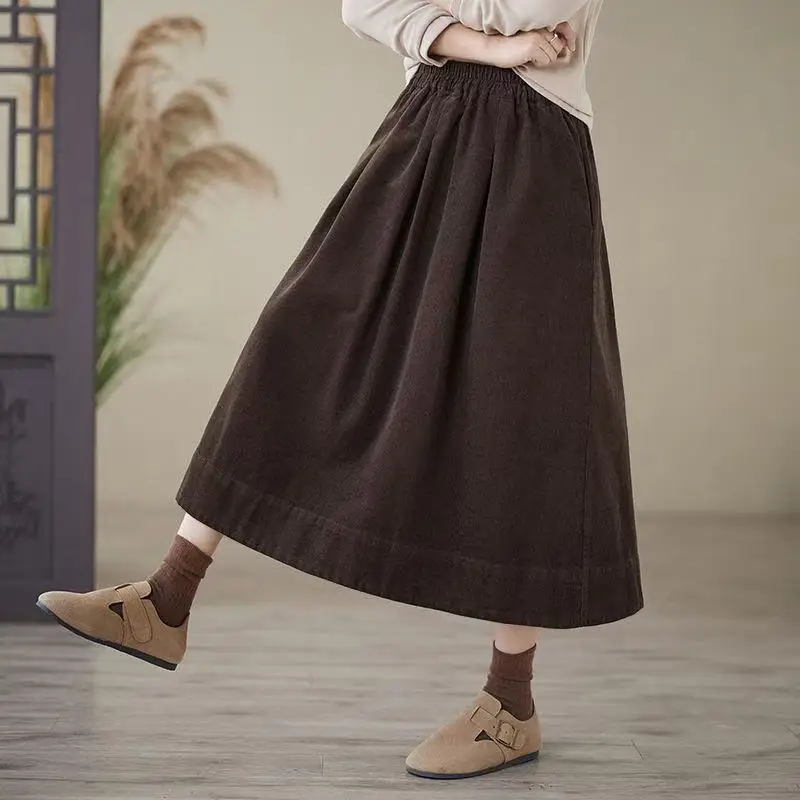 Spring Autumn Arts Style Women High Waist Loose Long Skirt All-matched Casual Cotton Corduroy A-line Skirt Femme Saias