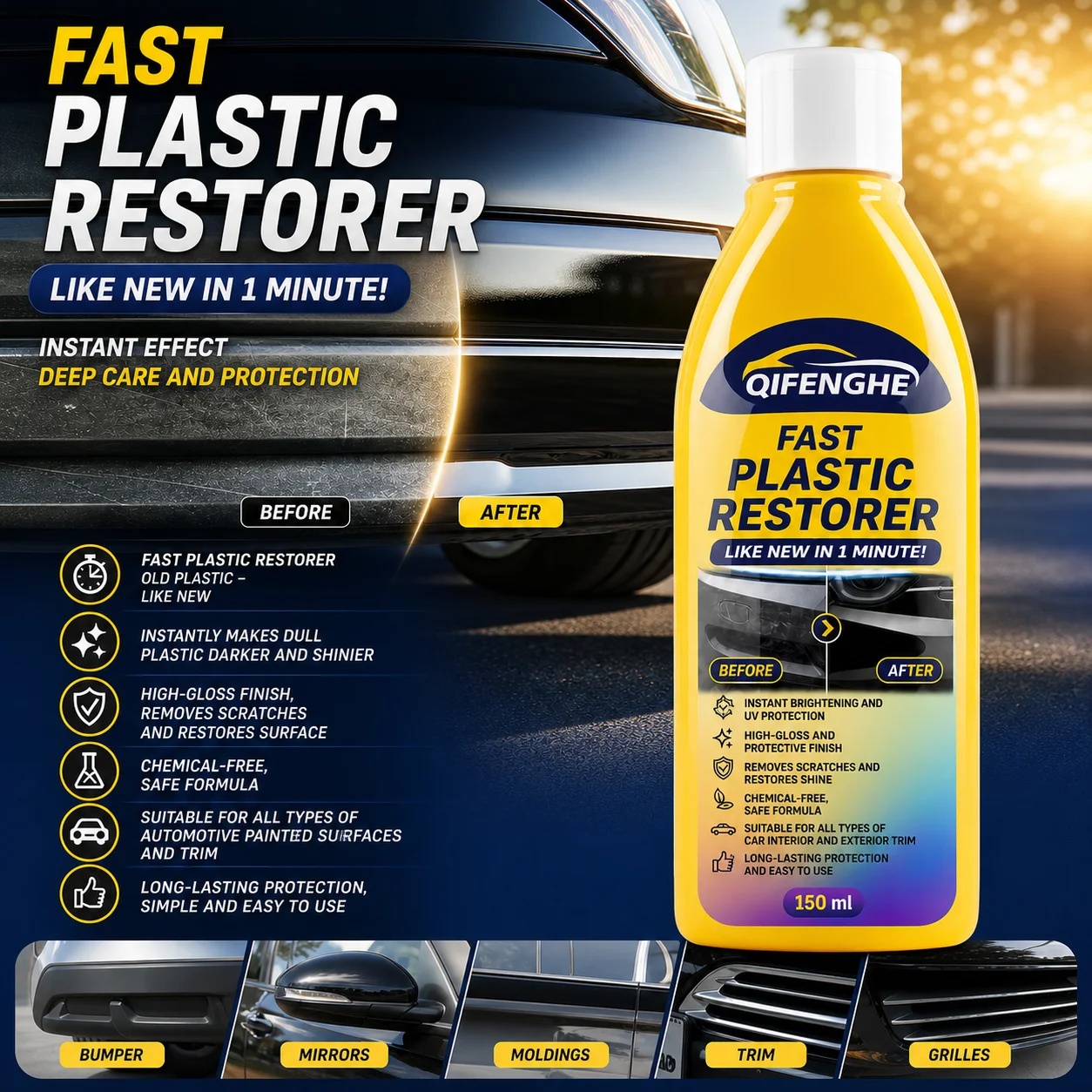 QIFENGHE 150ml Fast Plastic Restorer for Car, Auto Exterior Trim Restoration Liquid, Restore Faded Bumper Molding Grille, UV Pro