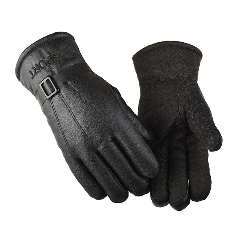 Gants coupe-vent en cuir PU pour hommes, mitaines chaudes à boutons, noir, sports de plein air, conduite, ski, fournitures d'hiver