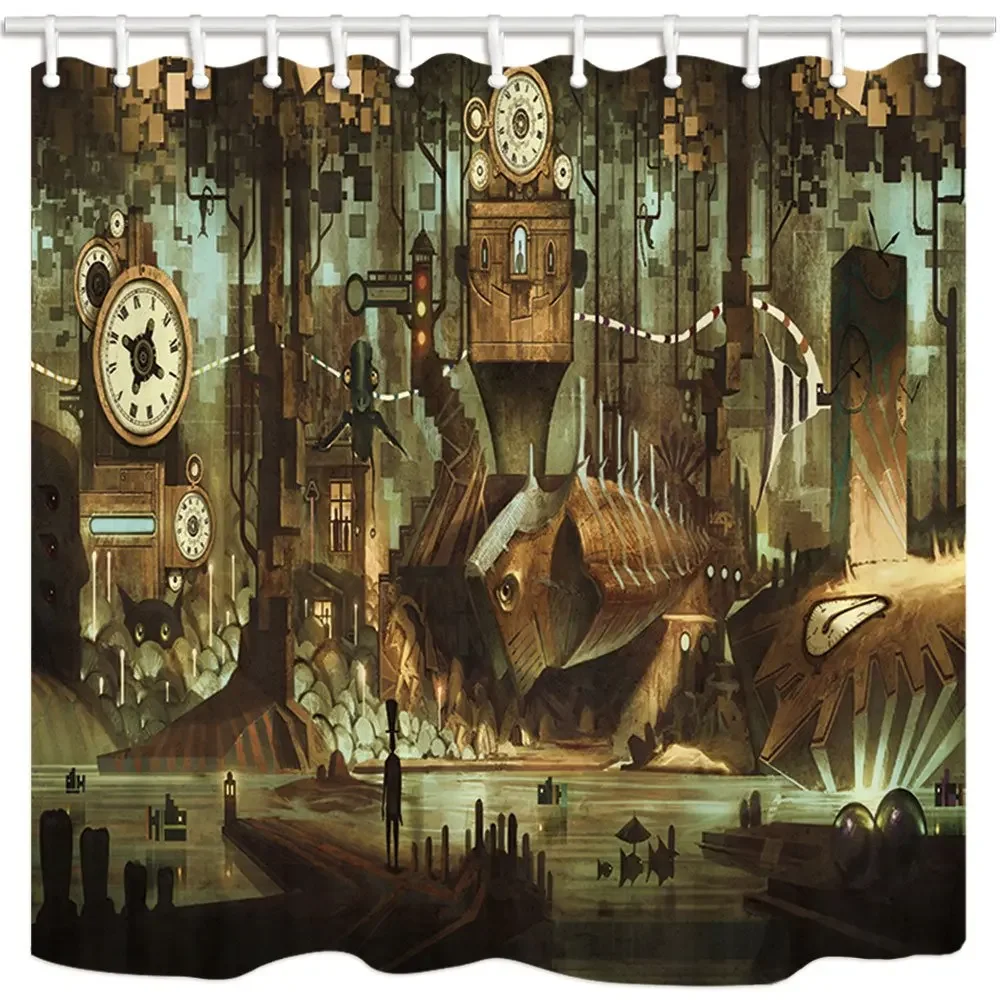 Industrial Shower Curtain Steampunk Style Antique Composition Brass Fastening Round Bulb Cloth Fabric Bathroom Decor with Hooks