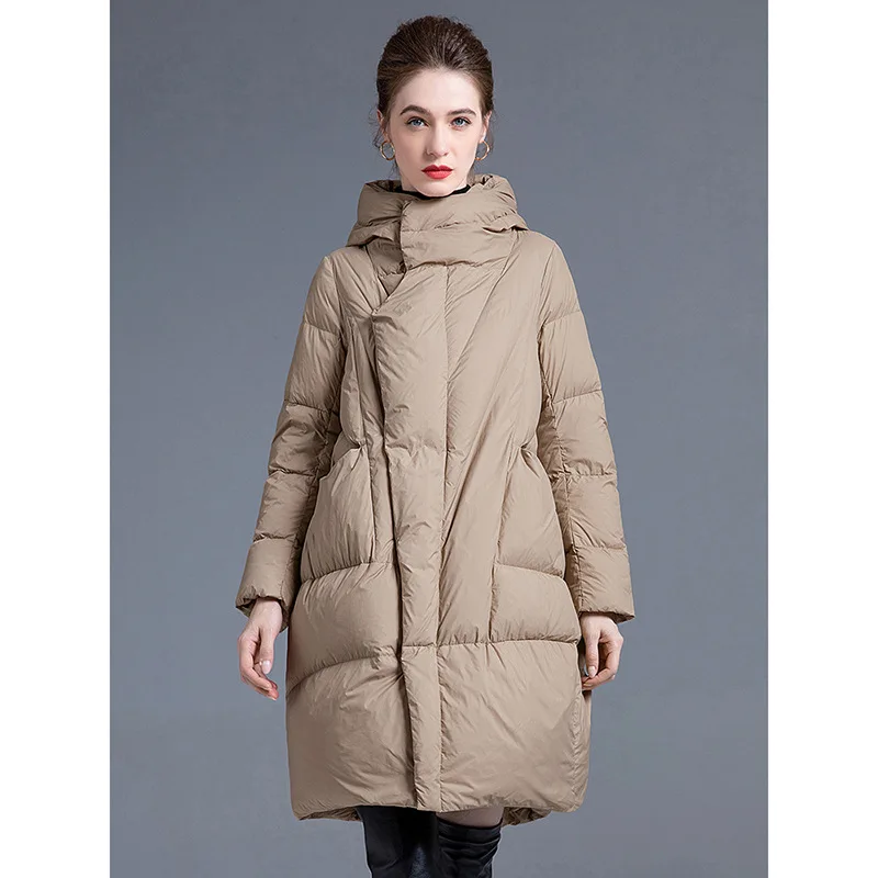 Women's Mid-Length Down Jacket Autumn Winter Puffer Jacket New Hooded Design Cold-Resistant Large Pockets Warm Coat High Quality