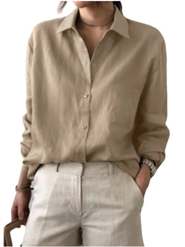 Classic Solid Color Shirt Women\'s Button Long Sleeve V Neck Blouse Elegant Spring Autumn Top