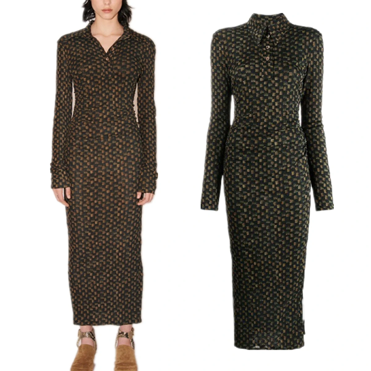 

Платье Maxdutti в клетку в стиле французского ретро, приталенное, с длинными рукавами, с разрезом на бедре, женское повседневное платье, женская одежда 2026