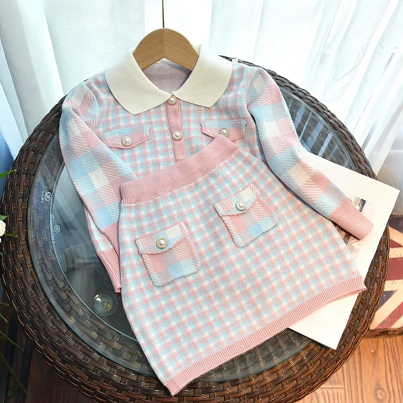 2025 Autumn Girls' Plaid Set Children'S Temperfament Knitwear Fashion Doll Collar Baby Cardigan+ Pocket Skirt 2Pcs Clothing Set