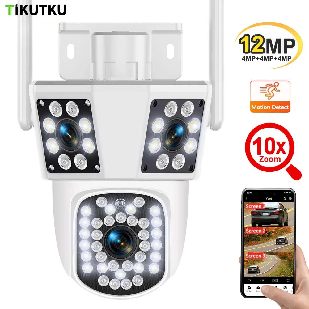 

WiFi Camera Outdoor 10X Zoom 6K 12MP Three Screens Auto Tracking PTZ Monitor Security Protection CCTV Video Surveillance